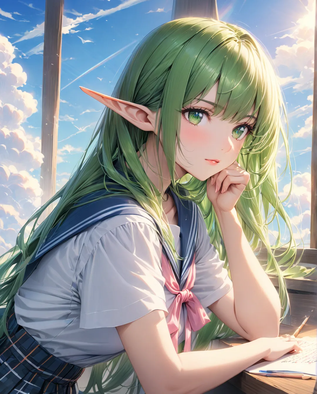 (Style: Colored pencils, bright colors), ( Masterpiece: 1.2), ( Ultra detailed, highest quality), A beautiful anime-style elf girl with long flowing green hair and captivating green eyes stands beneath a bright blue sky. She has delicate, pointed elf ears,...