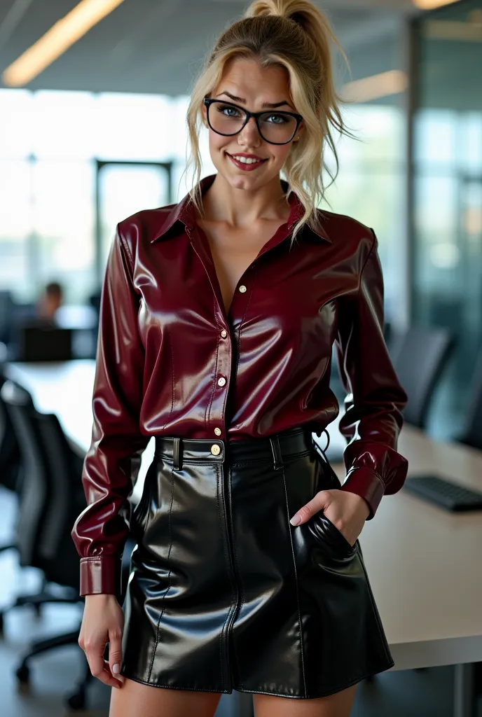 fullbody photo of a 30 years old woman with blond hair tied to a ponytail. She is standing in an office. She is wearing a glossy black latex skater skirt and a button down shirt out of burgundy latex. She is also wearing black leather overknee boots and gl...