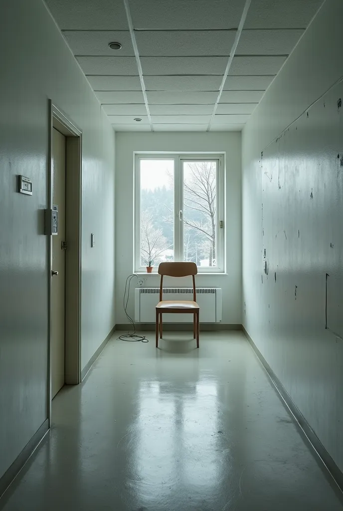 無菌、Psychiatric ward 、white wall、a room with no one、ruins、where no one else is、Psychiatric hospital、Outside the window、winter、 Snow Scenery 、chair、((background only))