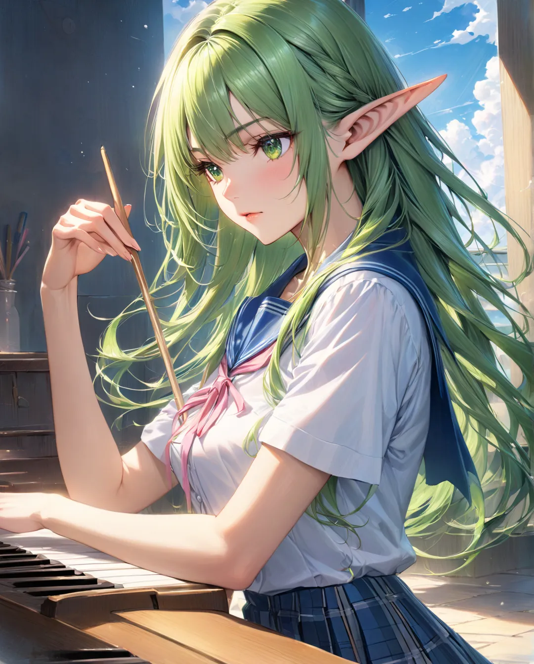 (Style: Colored pencils, bright colors), ( Masterpiece: 1.2), ( Ultra detailed, highest quality), A beautiful anime-style elf girl with long flowing green hair and captivating green eyes stands beneath a bright blue sky. She has delicate, pointed elf ears,...