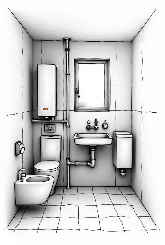 I want an image of hydrosanitary installations in a house, bathroom(, washbasin, lavatory), kitchen( dishwasher), work (washing machine, laundry). I want the image to be drawn, Half of it is drawn freehand, continuing with a 3D model-like contrast 