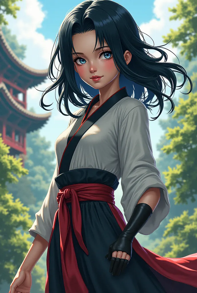 Female character in the Naruto art style, With black hair fulfilled, white-eyed features of the Hyuuga clan full body 