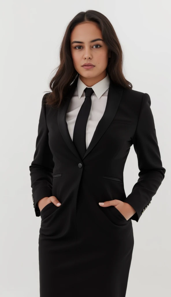  woman in black dress and tie posing for a photo, girl in dress , girl in dress ,  woman in black work dress , Courtney Eaton,  wearing a black work suit , promotional portrait, headshot, young woman in black tuxedo,  photo of young woman ,  foreground pho...