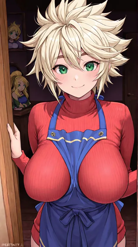 Top Quality, beauty, masterpiece, A fantasy inn, girls, pale blonde, unkempt hair, Spiky Hair, Hair that bounces upwards, Short Hair, Thick eyebrows, we have, green eyes, HEATTECH INNER IN BLACK, blue apron, saggy breasts,  long breasts, smile, Frontal Sho...