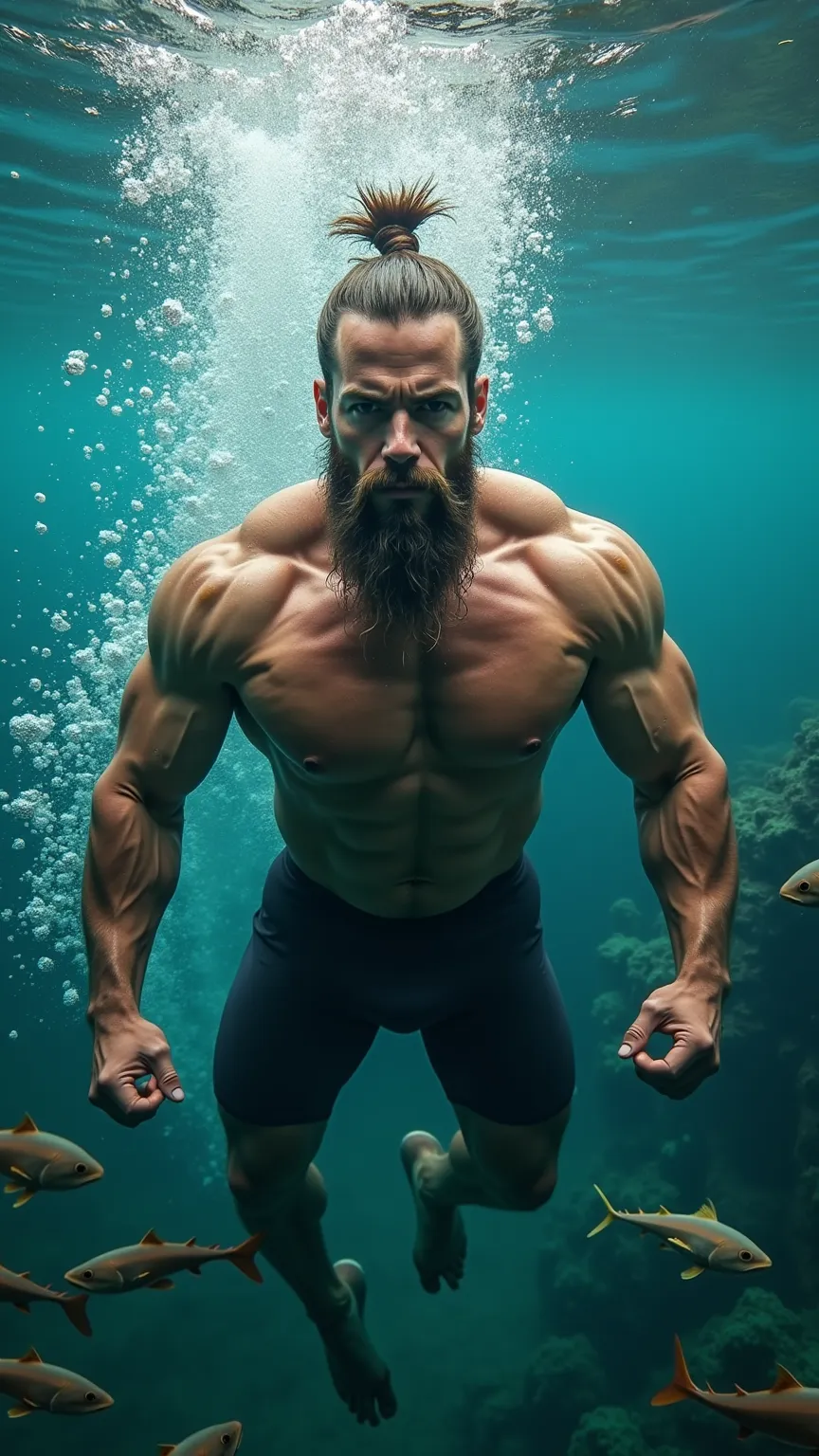 A thrilling, dynamic underwater perspective of a huge muscular bodybuilder man with tan skins entering a deep, clear lake. The image is captured slightly from below the water’s surface, showing a unique view of the man’s lower body as he begin to plunge in...