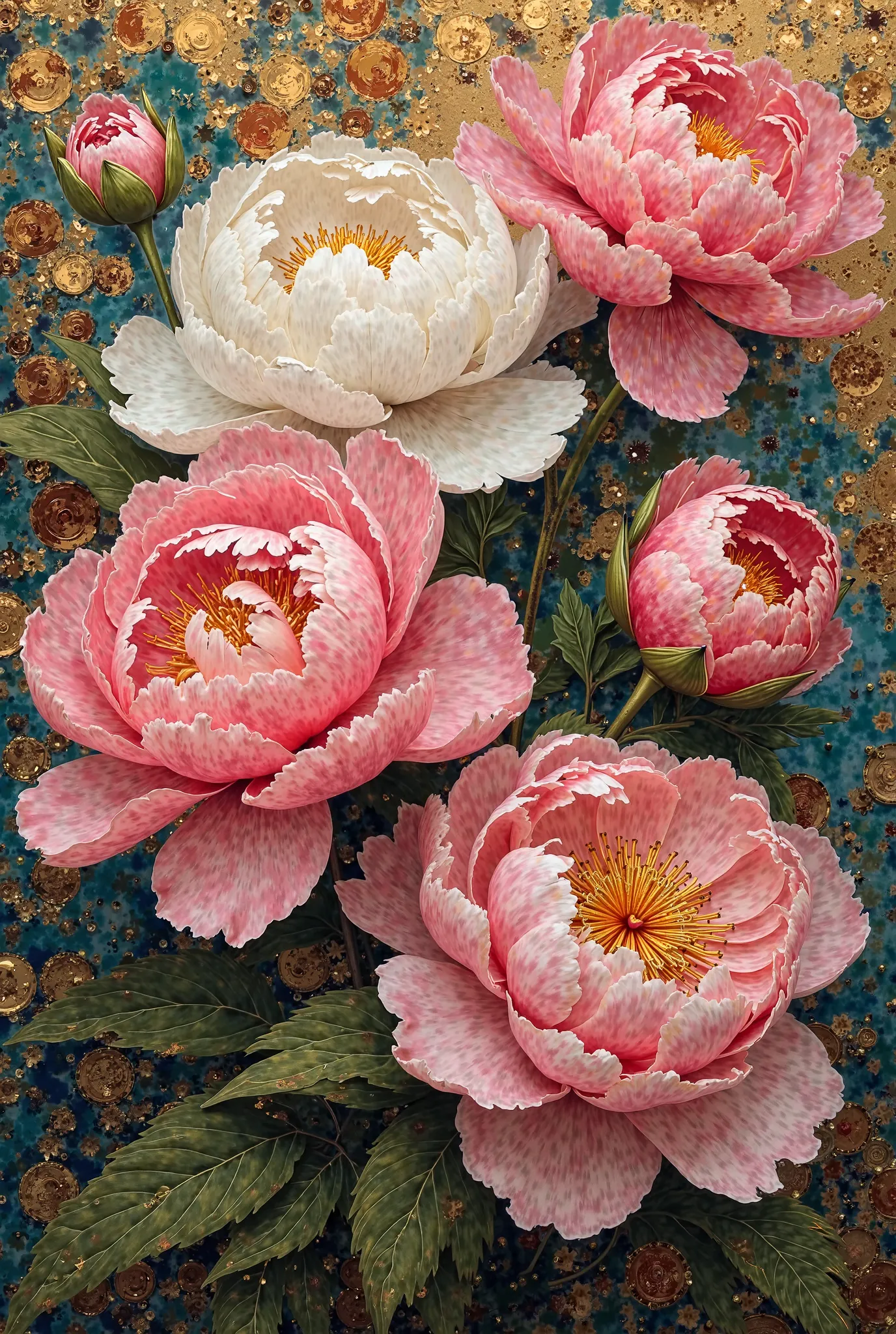 What would peonies painted by Gustavo Klimt look like? Show me some options