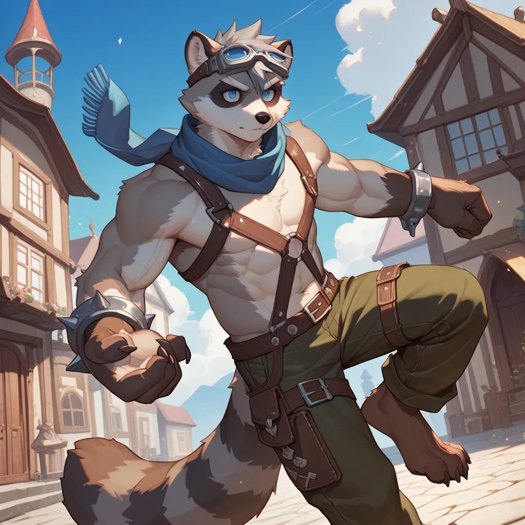 solo, furry, kemono, raccoon, grey body, spiked grey hair, Detailed body fur, long blue scarf, leather_harness, dark brown baggy pants, goggles, masterpiece, gray body, Detailed face, big eyebrows, blue eyes, detailed eyes, No muscles, Detailed hands, Flat...