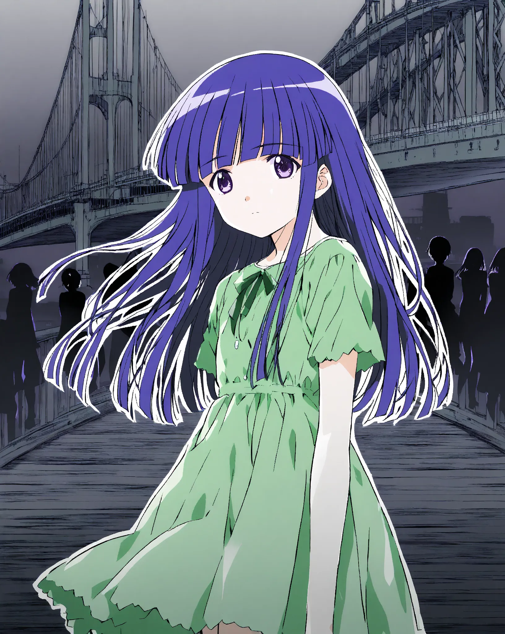 continuous line art, monochrome, Black and White, Alone, rika furude, long hair, bangs, blue hair, purple eyes, blunt bangs, purple hair,((Green Dress))
 BREAK
fog, bridge, Silence, silhouette,  mysterious , Pale Light, fuzzy outline,  Fantastic, Lonely