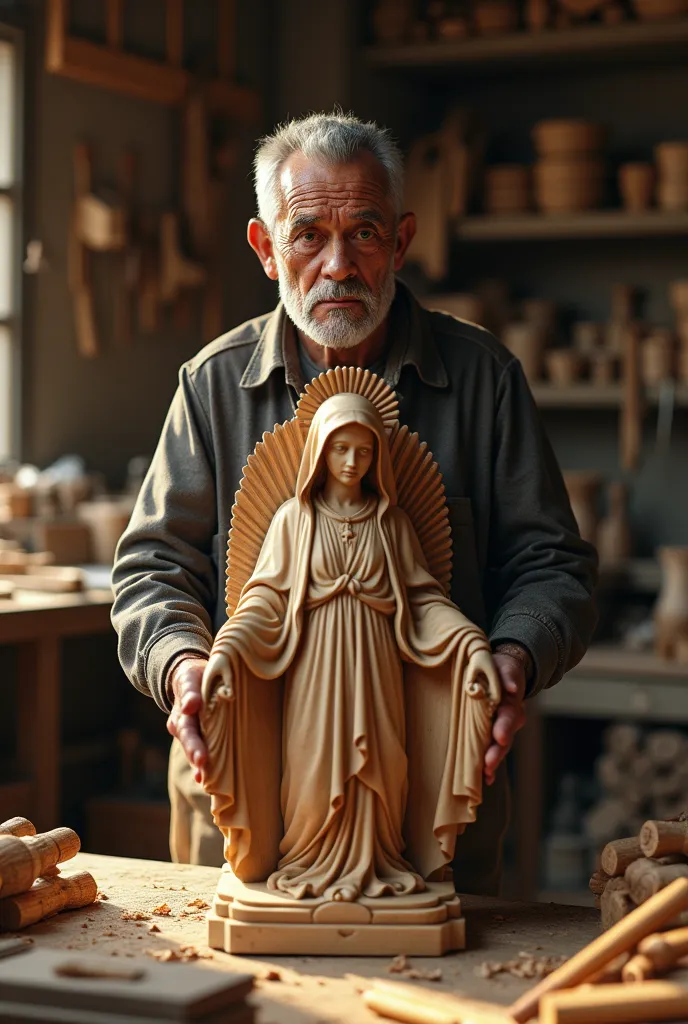 
"Create a highly realistic depiction of a 60-year-old artisan in a detailed sculptor's workshop, filled with authentic elements like wooden tools, wood shavings, shelves with carving materials, and a workbench in the background. Place a large, intricately...