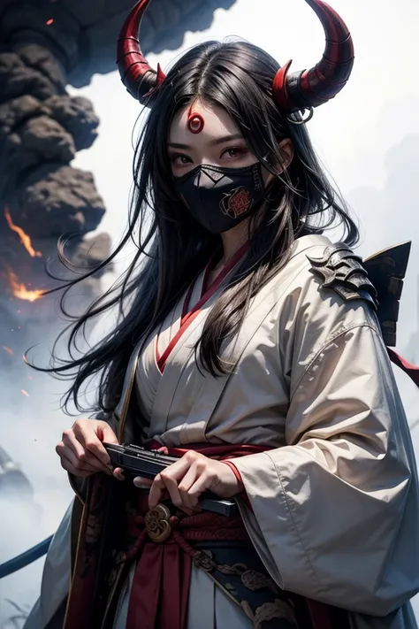 Watercolor illustration、The、Warlords of the Sengoku Period、Japanese warrior holding a gun in white smoke、Her eyes are red and light 、face expressed in black and white is covered with a mask、is a cool kabuto with two horns
