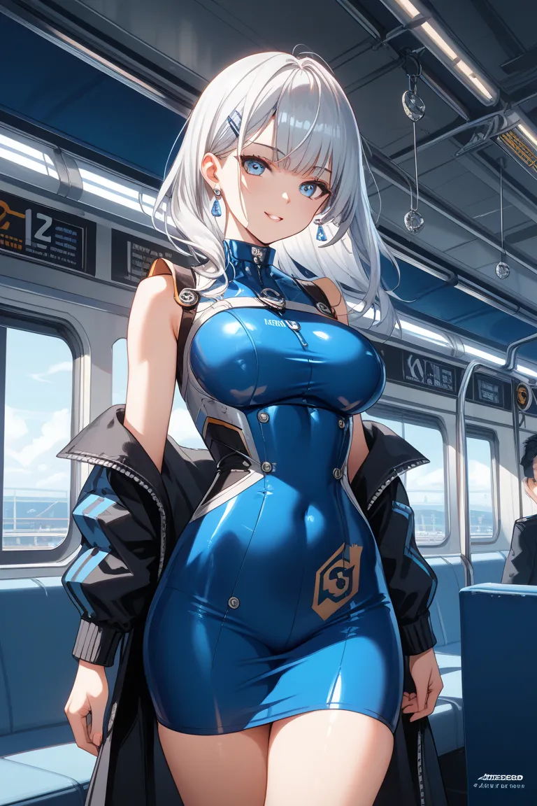 
"Create a detailed character design for a female character inspired by the first generation AE train of Keisei Electric Railway. She has long, flowing silver hair with a subtle blue gradient at the tips, styled in an aerodynamic shape resembling the sleek...