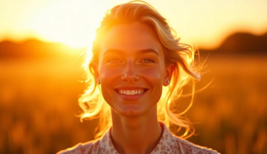 Final shot of her walking into the glowing embrace of a sunrise. Her heart-shaped face, fair skin, and wavy blonde hair reflect the golden morning light. Her blue eyes and soft smile create an image of renewal and quiet triumph. Sunrise ultrarealism, emoti...