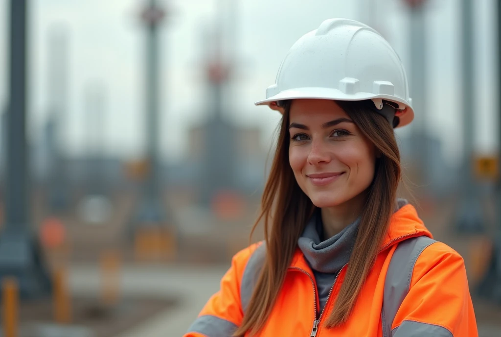 (absurd resolution)), best quality, 8k extremely detailed), (image 100% realistic), civil engineer wearing white helmet commemorating women's day, She is Latin American , is working on a construction, The background is not pixelated