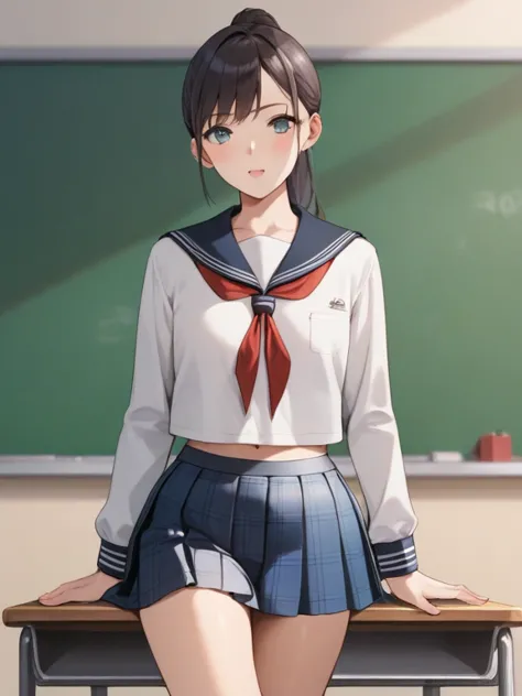 score_9, score_8_ up, score_7_ up, score_6_ up, score_5_ up, score_4_ up,  source_anime，nsfw，uncorrected，Low body， body type，slim figure，Young Girl，woman，(((white long sleeve sailor uniform))), (((dark blue plaid pleated skirt))), Laughter, flat chest，clas...