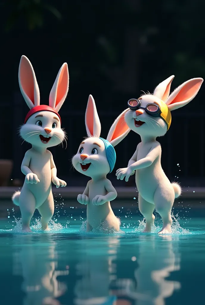 The image shows three rabbits aged as ren, anthropomorphic, Warner Brother, show swimmer, one red, one blue and one black., in a variety of dynamic swimming poses . The rabbit is designed with well-defined muscles, highlighting its athletic ability. Its fu...