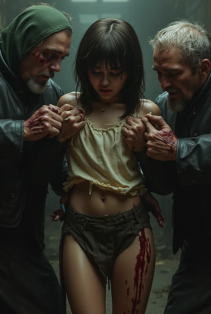 school girl mini skirt look to the cam a malnourished young girl, emaciated body, cowering in fear, torn and disheveled clothes, surrounded by abusive men restraining her, hands tied, the battle bloody, cinematic lighting, dramatic shadows, muted colors, g...