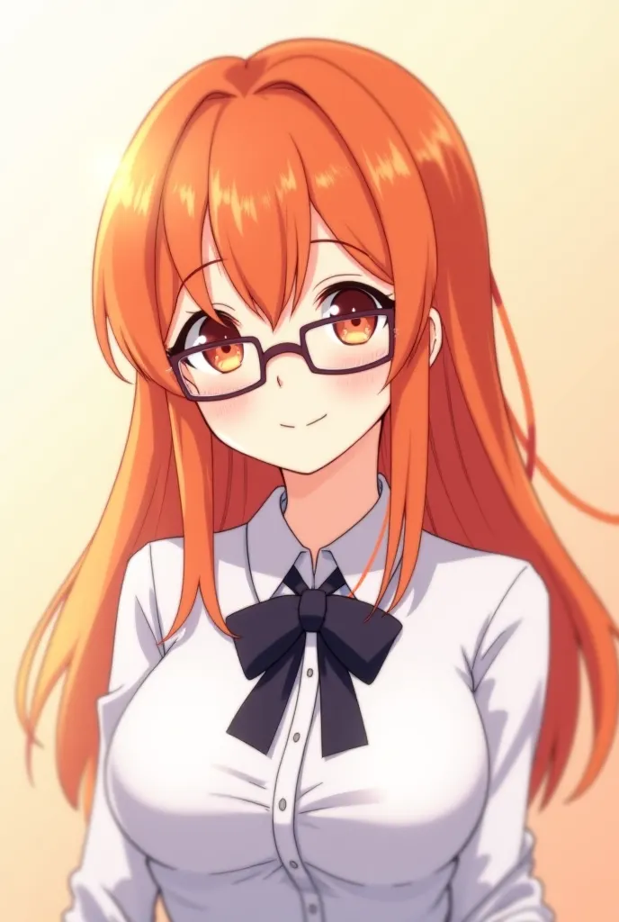 Create an anime-style female character with dark orange hair cascading down her shoulders, wearing stylish glasses that accentuate her expressive eyes. She is dressed in a crisp white shirt with a neatly tied black bowtie, and the shirt features long sleev...