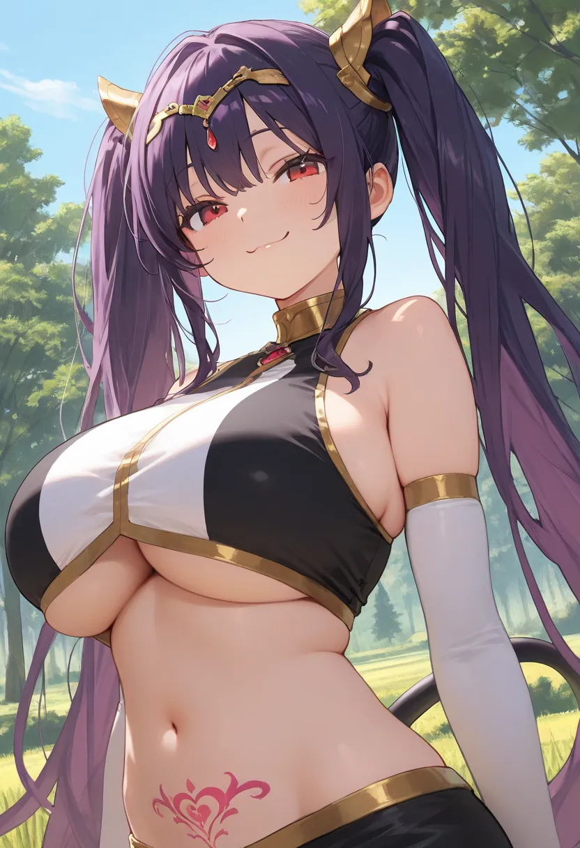 masterpiece, best quality, 1girl, solo,  qbstn, purple hair, red eyes, twintails, very long hair, pubic tattoo, tail, huge breasts, gold circlet, two-tone shirt, sleeveless shirt, detached sleeves, elbow gloves, crop top, upper body, looking at viewer, smu...