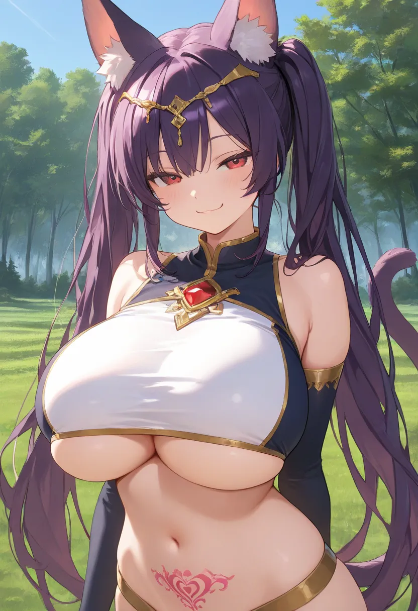 masterpiece, best quality, 1girl, solo,  qbstn, purple hair, red eyes, twintails, very long hair, pubic tattoo, tail, huge breasts, gold circlet, two-tone shirt, sleeveless shirt, detached sleeves, elbow gloves, crop top, upper body, looking at viewer, smu...