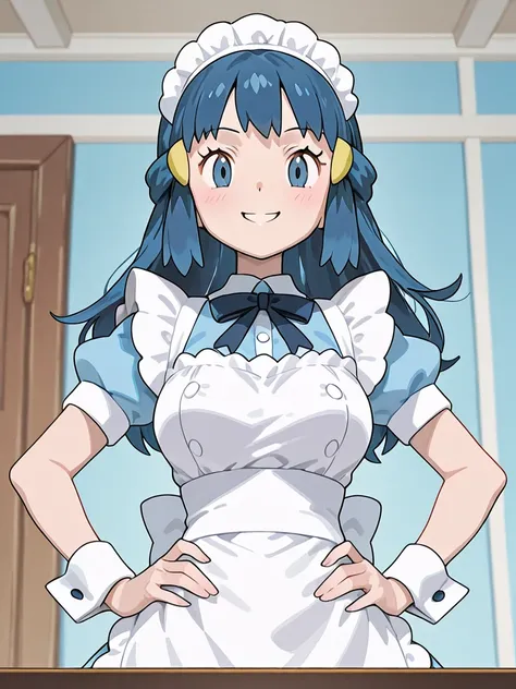 Dawn ,from Pokemon, she has blue eyes, blue hair,  her breast is normal , she wears a maid costume, and her smile is normal ,she stand, she looking at front and making a pose and not blury face .