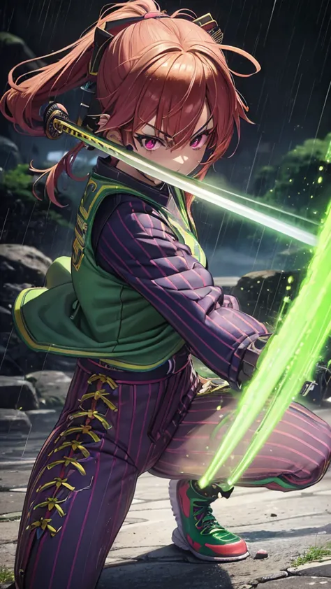 Anime girl, age god with powers, african/american, with vibrant red and green hair styled in two pigtails, intense expression, holding a katana, wearing a hero suit is gold and purple pants, dark tights with green stripes and nike shoes. Dynamic pose, acti...