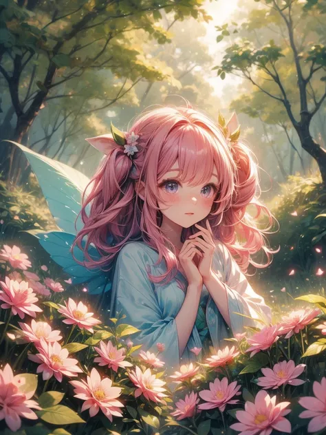  Top Quality、Magical forest with glowing flowers、pink hair、A forest overgrown with greenery、cute kemomimi fairy