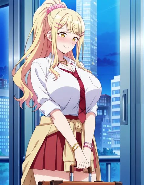 score_9, score_8_up, score_7_up, source_anime, himari ishikura, long hair, bangs, blonde hair, large breasts, hair ornament, yellow eyes, ponytail, hairclip, high ponytail, huge breasts, anime screencap,standing, hands together, standing, hands together, l...