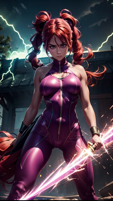 Anime girl, age god with powers, african/american, with vibrant red and green hair styled in two pigtails, intense expression, holding a katana, wearing a hero suit is gold and purple pants, dark tights with green stripes and nike shoes. Dynamic pose, acti...