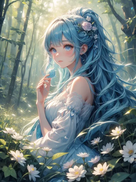  Top Quality、Magical forest with glowing flowers、light blue hair tied at the top、A forest overgrown with greenery、cute kemomimi fairy