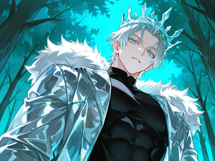 bottom view, 1 guy, solo, guy with gray hair, пепельные hair is combed back, hair is combed back, ярко-BLUE EYES, Яркие серо-BLUE EYES, long lashes, BLUE EYES, burning with fire, haughty look, looks down into the eyes, and in the air there's a narrow, elo...