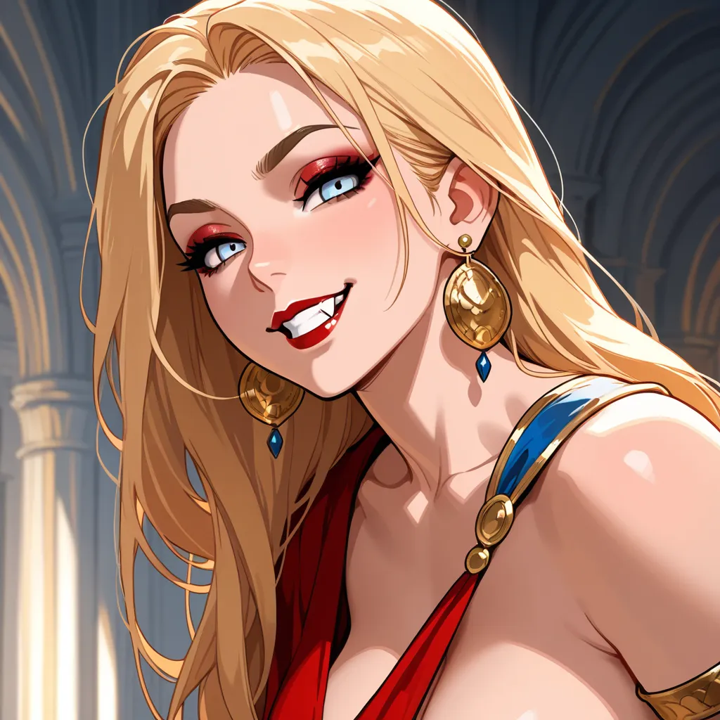 1 woman, blond hair, blues light eyes, long hair, greek outfit, earrings, breasts, smile, teeth, makeup, red lips, naughty, fang, greek background, 