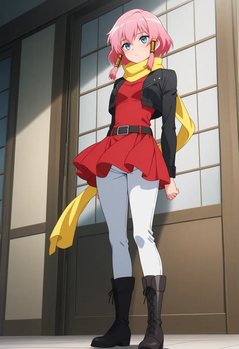 source_anime, anime screencap, source_anime, auratheguillotine, anime screencap, masterpiece, source_anime, shiny skin,,,,,,source_anime, 1girl, solo, RoseTales, blue eyes, pink hair, short hair, hair tubes, yellow scarf, cropped jacket, black jacket, red ...