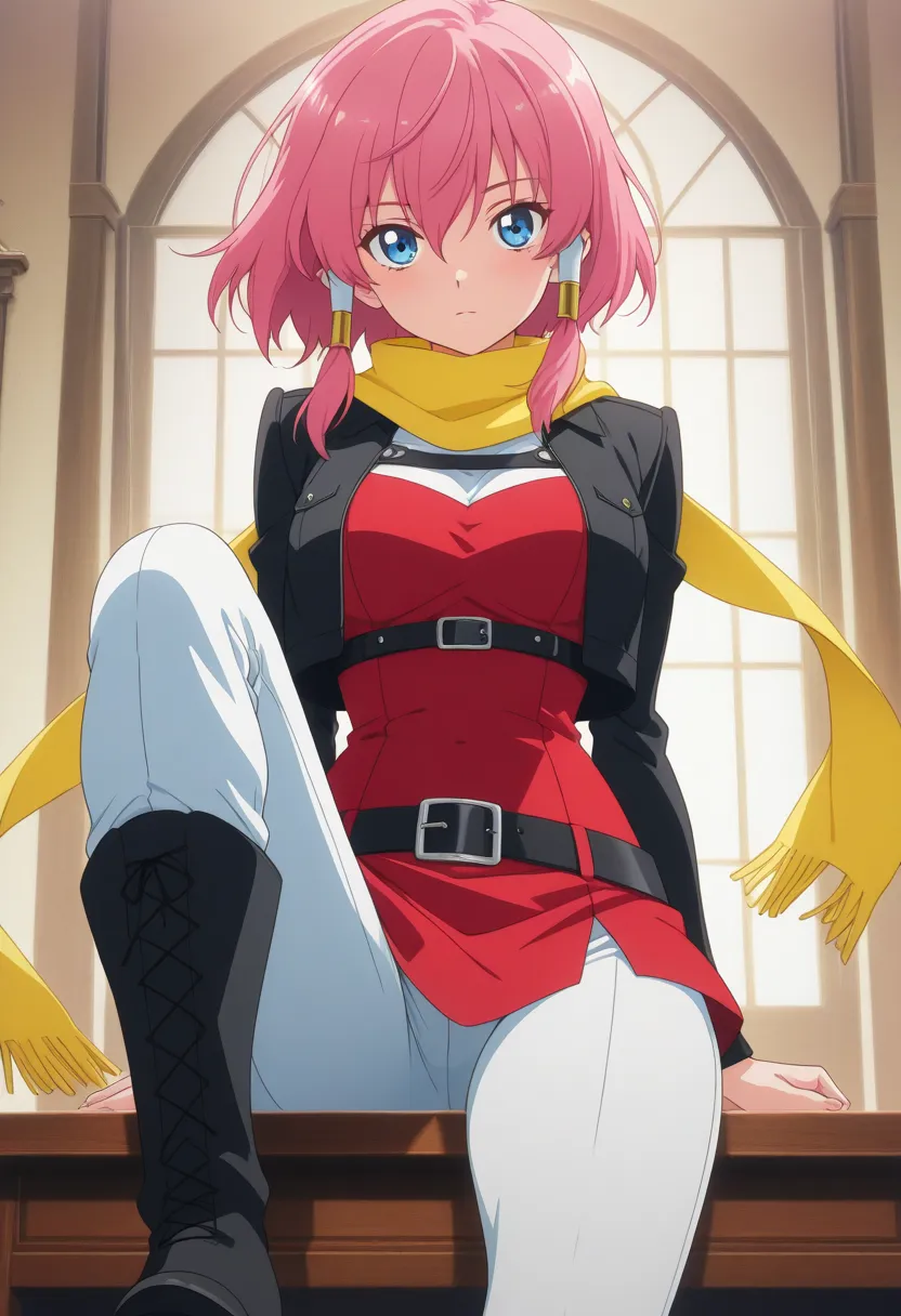 source_anime, anime screencap, source_anime, auratheguillotine, anime screencap, masterpiece, source_anime, shiny skin,,,,,,source_anime, 1girl, solo, RoseTales, blue eyes, pink hair, short hair, hair tubes, yellow scarf, cropped jacket, black jacket, red ...