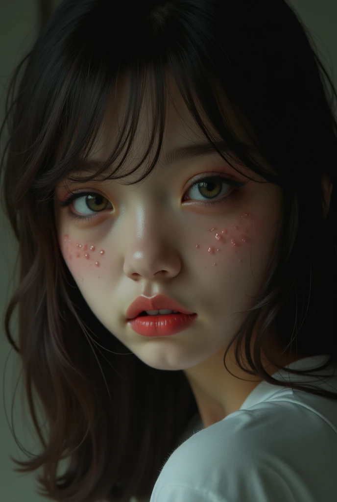 Book character. A beautiful girl with tear streaked face. A beautiful dark green eyes and light brunette medium hair. Small face.