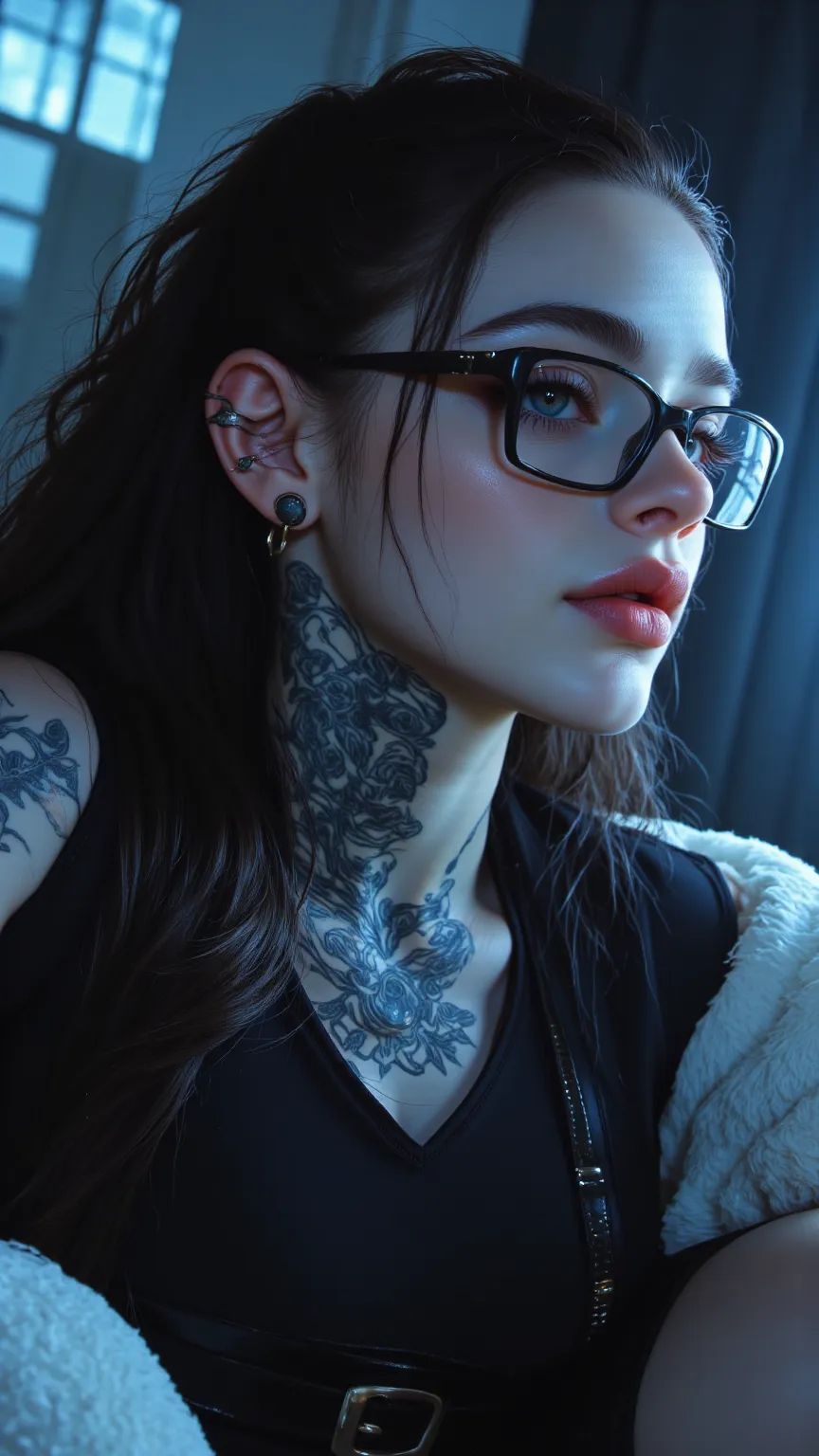 ((a woman with tattoos on her neck and face, Beautiful face of a cyberpunk girl, great digital art with details,  she wears rectangular black rimmed glasses you can see the reflection in the glasses of the glasses :1.5)),laying on couch, wearing a mini bla...