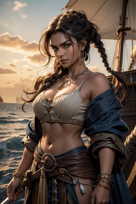 medieval, 26 years old woman, (brown skin, sun tanned skin), paint on face, (dark brown hair, french braid, braided hair, hair shaved on the sides, undercut, hair over shoulders), (brown eyes, thick eyebrows, angry), (privateer clothes, pirate dark blue cl...