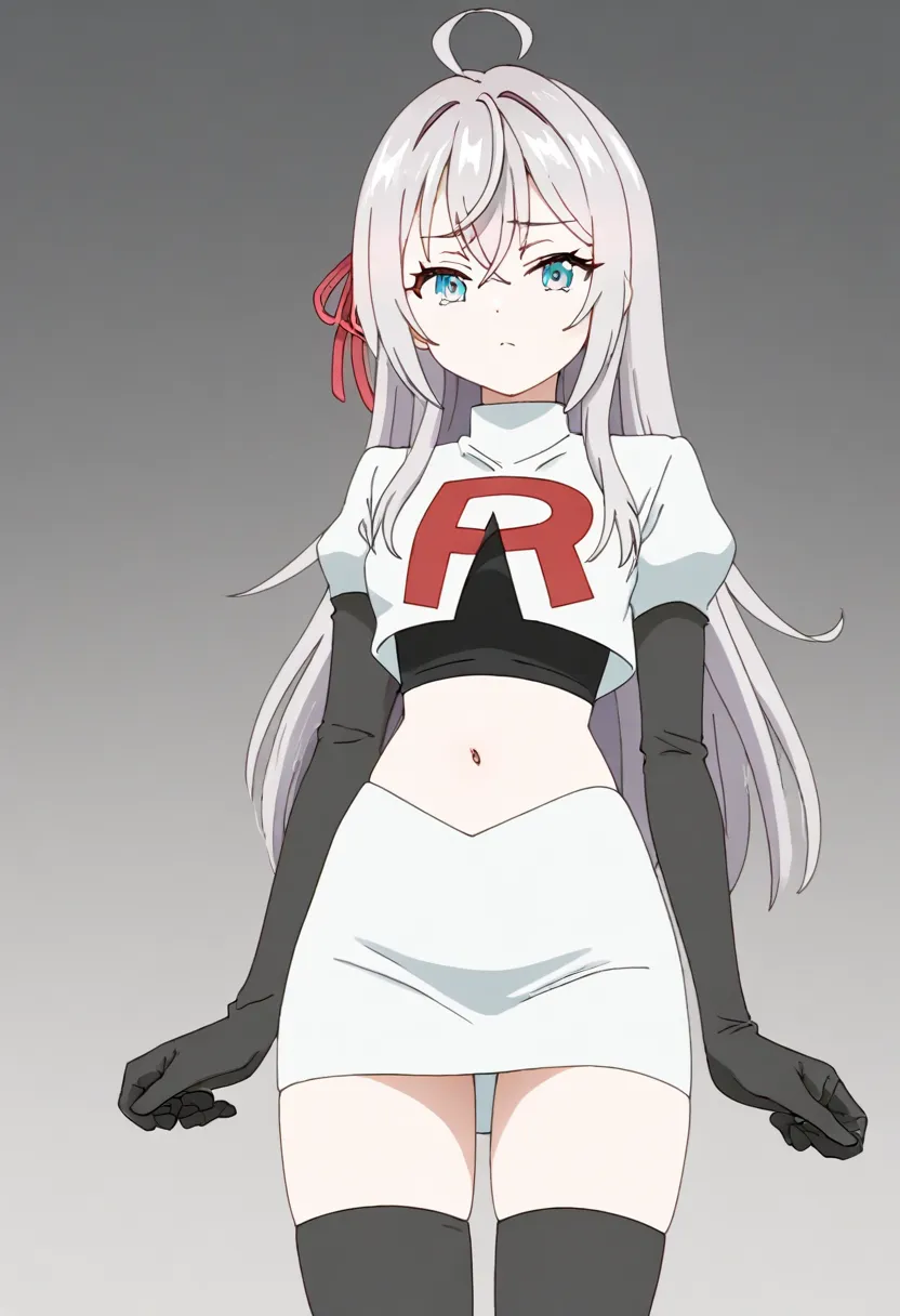 masterpiece, best quality, amazing quality,
1girl, solo, looking at viewer, gradient background, 
long hair, silver hair, ahoge, crossed bangs, red hair ribbon, sidelocks, blue eyes,
team rocket,team rocket uniform,white skirt,red letter R,crop top,black t...