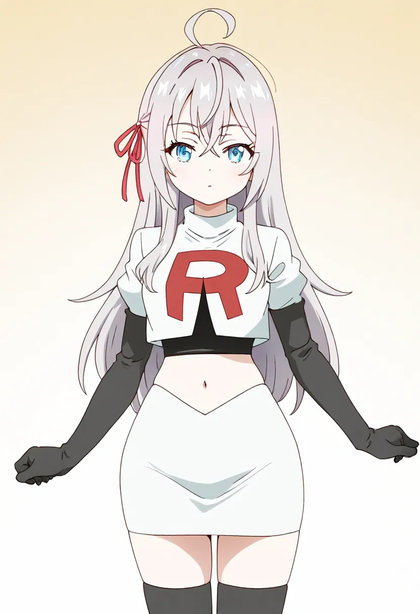 masterpiece, best quality, amazing quality,
1girl, solo, looking at viewer, gradient background, 
long hair, silver hair, ahoge, crossed bangs, red hair ribbon, sidelocks, blue eyes,
team rocket,team rocket uniform,white skirt,red letter R,crop top,black t...