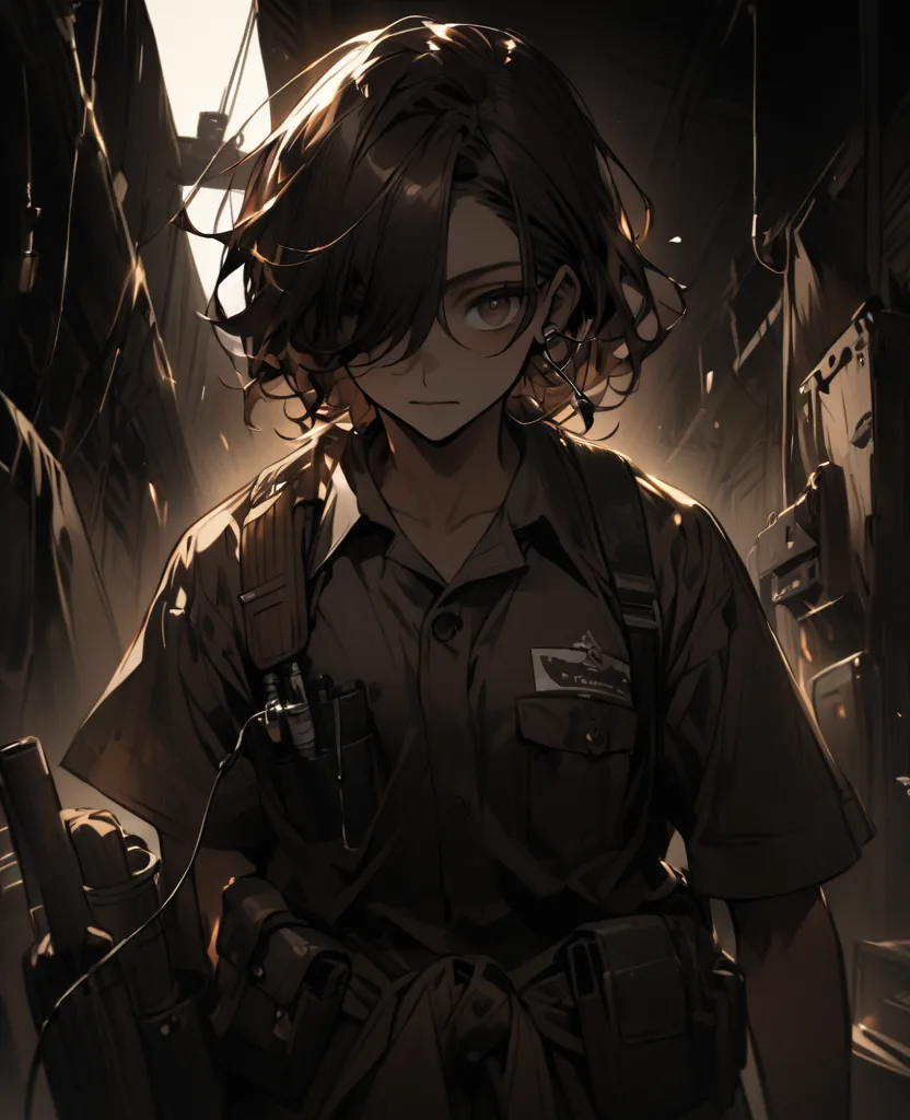  fair-skinned man , dark brown eyes,  deep dark circles, short brown hair messy with a fringe covering one of the eyes. Engineering uniform, wears earphones and has a tool belt around the waist. is holding a job and has a confident expression.