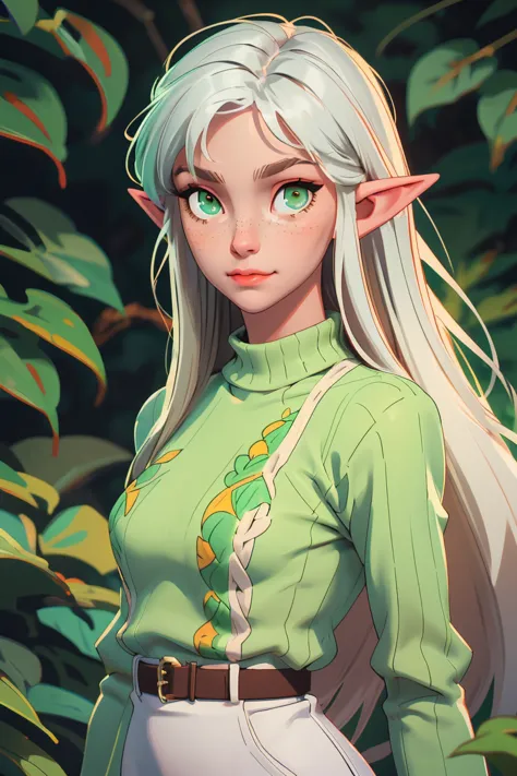 (masterpiece, best quality), blurry foreground, contemporary, ((intricate, print, pattern)), dappled sunlight, happy, 1girl, pointy ears, elf, green eyes, looking at viewer, belt, upper body, long hair, leaf, green sweater, white hair, turtleneck, closed m...