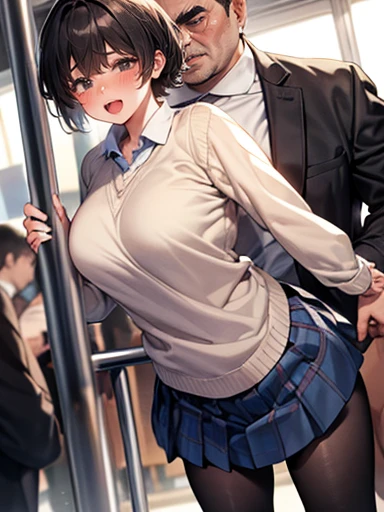 ((Men and women having sex on a crowded train)), (Doggish sex), a man who puts a penis in a girl's vagina from behind, ((sex)), (standing sex from back), (A fat middle-aged man in a jersey hugging a girl with a sweaty shirt from behind), a sweaty girl, a m...