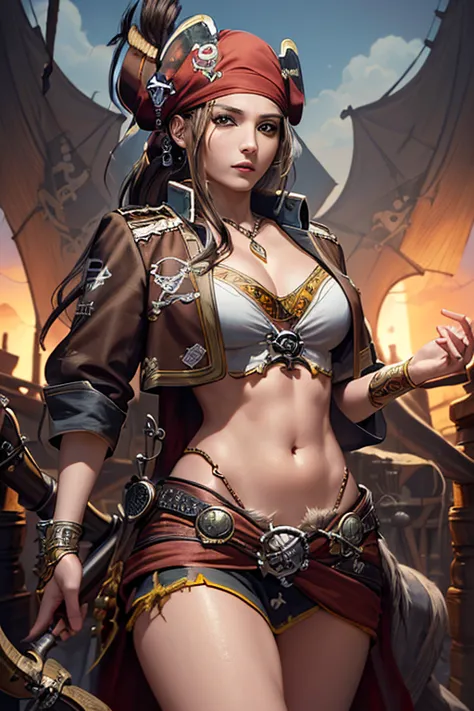 ((highest quality)),(Ultra-high resolution),(Very detailed),(Detailed Description),((The best CG)),(A masterpiece),Ultra-detailed art,Amazing drawing art,(Fantasy art with intricate detail:1.5), (Female pirate:1.5). Skull Flag