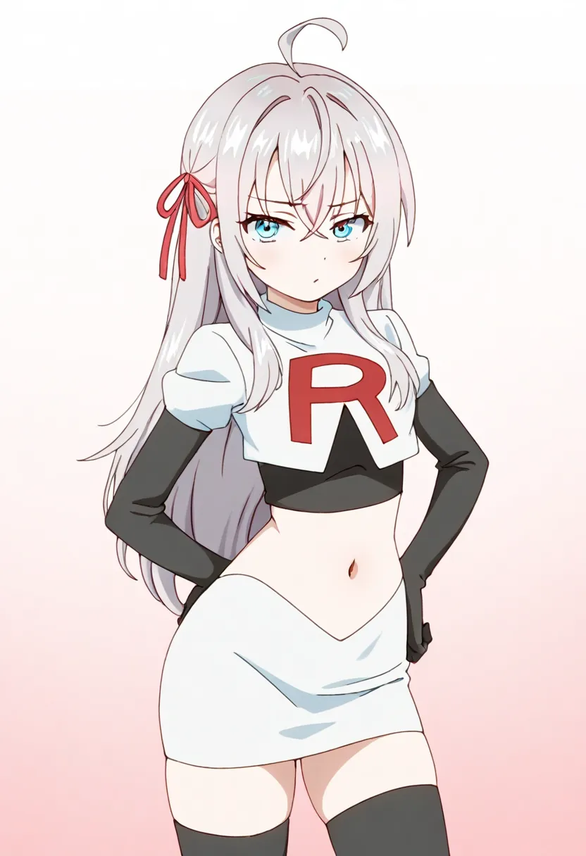 masterpiece, best quality, amazing quality,
1girl, solo, looking at viewer, gradient background, 
long hair, silver hair, ahoge, crossed bangs, red hair ribbon, sidelocks, blue eyes,
team rocket,team rocket uniform,white skirt,red letter R,crop top,black t...