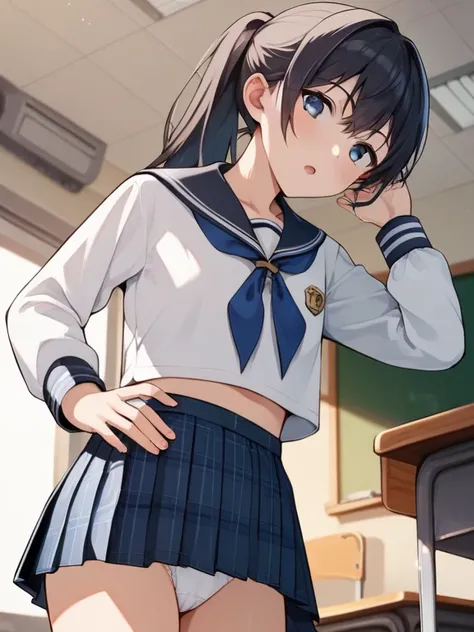 score_9, score_8_ up, score_7_ up, score_6_ up, score_5_ up, score_4_ up,  source_anime，nsfw，uncorrected，very short， body type，slim figure，Baby Face，Young Girl，woman，(((white long sleeve sailor uniform))), (((dark blue plaid pleated skirt))), Laughter, fla...