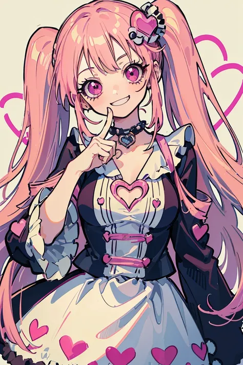 ((One Piece Perona)),1 girl, (Gothic Lolita),  cute clothes, pink hair near MM,  has a bright smile, ribbon,((heart eye)),  solid color background,, colorful hair to hold a finger, Hair Arrangement, Tonality, romanticism, modern art, Impressionism,  revers...