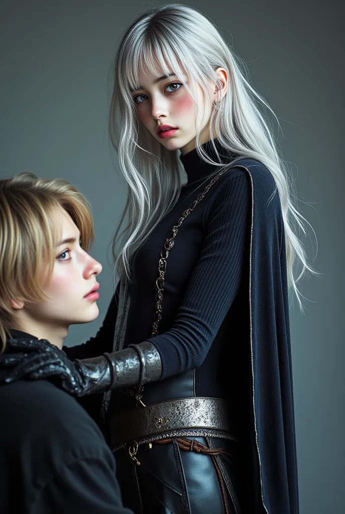  tall and slender woman , with pale skin and silver hair with bluish reflections. deep violet eyes that seem to see the soul. Wear light and elegant armor, reinforced with dark magic, and a dark cape with silver edges. cunning ,  elegant and lethal . thin ...