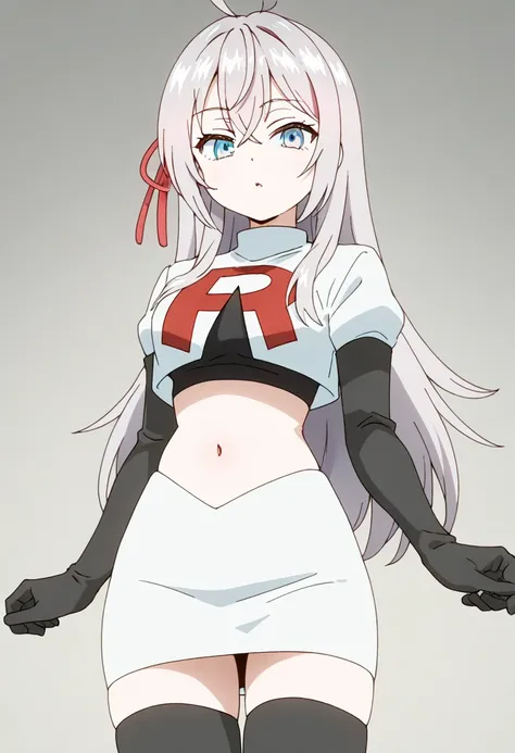 masterpiece, best quality, amazing quality,
1girl, solo, looking at viewer, gradient background, 
long hair, silver hair, ahoge, crossed bangs, red hair ribbon, sidelocks, blue eyes,
team rocket,team rocket uniform,white skirt,red letter R,crop top,black t...