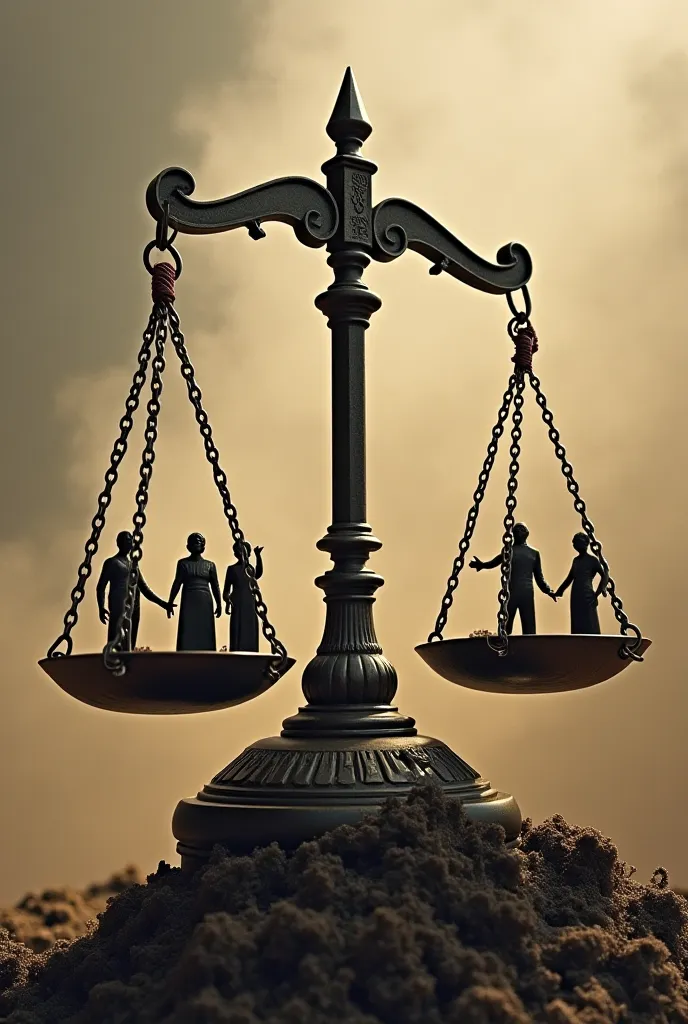 1. Twisted scales of justice (Justice/injustice)

in the center, A scale that seems to represent justice, but upon closer inspection, It is tilted, showing a heavier side with shadowy figures and the other empty or with weak silhouettes.

The rope of the s...