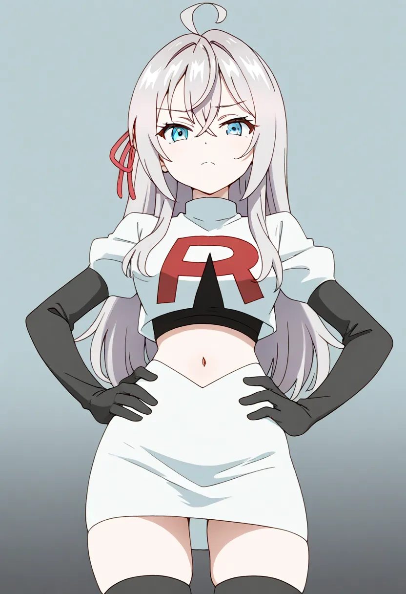 masterpiece, best quality, amazing quality,
1girl, solo, looking at viewer, gradient background, 
long hair, silver hair, ahoge, crossed bangs, red hair ribbon, sidelocks, blue eyes,
team rocket,team rocket uniform,white skirt,red letter R,crop top,black t...