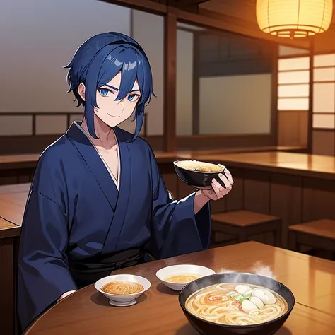 age male samurai with blue hair and blue eyes wearing a black headband and dark blue long sleeve ancient Japanese shirt and dark blue pants sitting on barstool at a bar with a giant bowl of ramen at an ancient Japanese tavern at night, looking happy